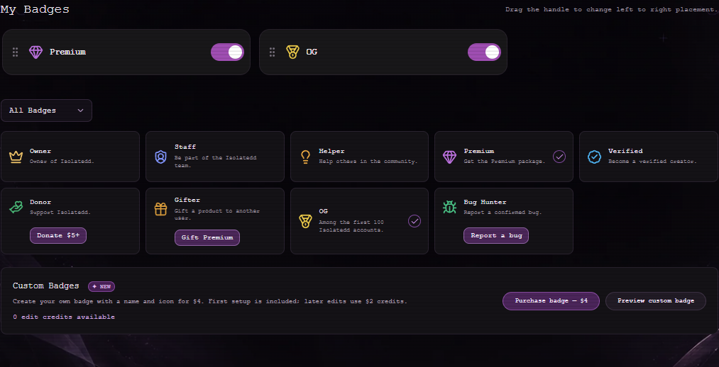 The Badges section on an example account.