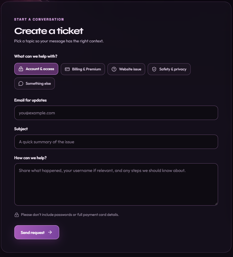 The Isolatedd Contact Center ticket form.