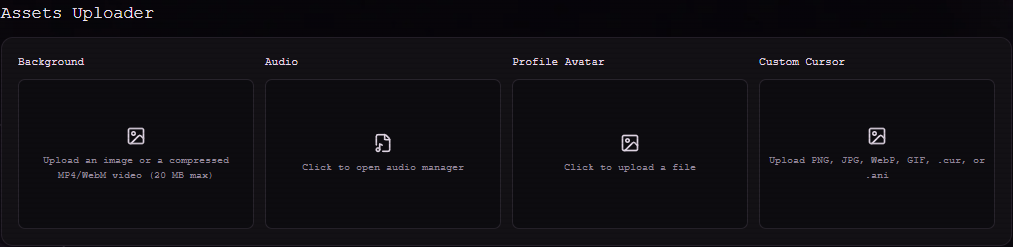 The real Customize Profile editor, showing the asset upload controls.