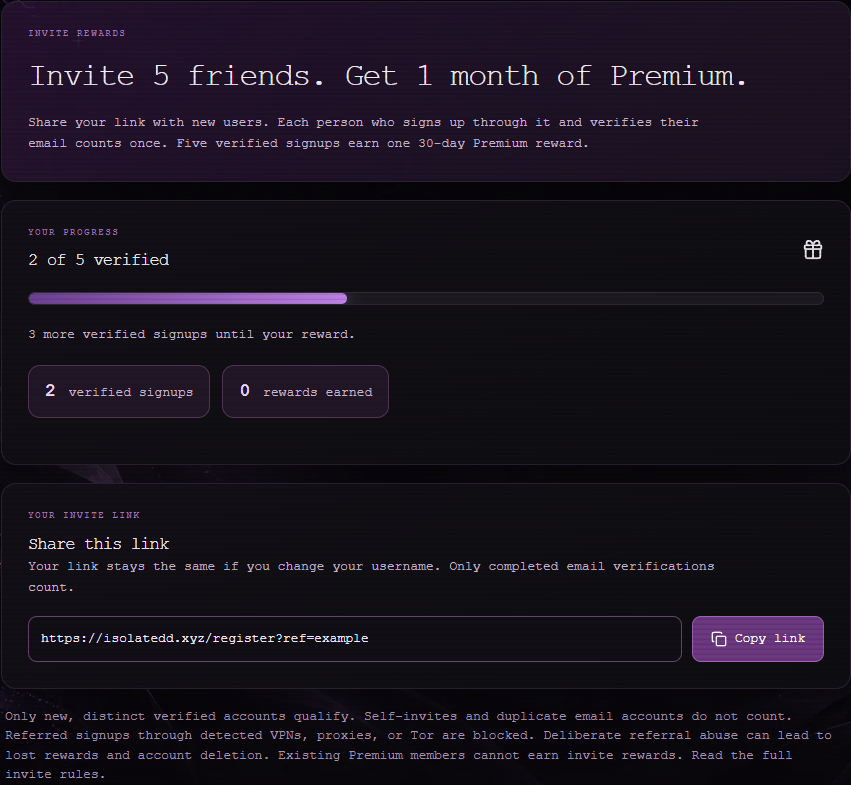 The Invite Rewards interface with illustrative example progress.