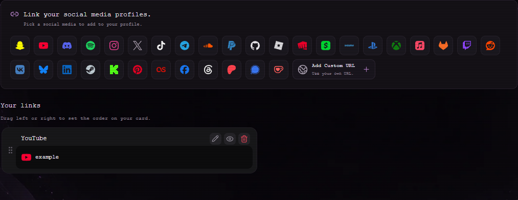 The Links section with platform choices and your saved links.