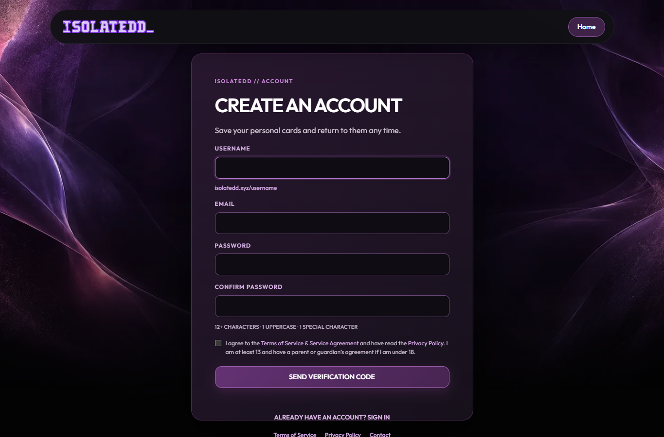 The Isolatedd account creation form.