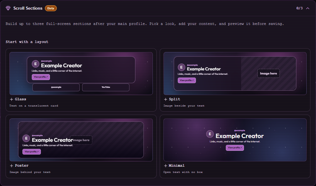 The Scroll Sections editor on an example Premium account.